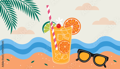 Tropical Summer Beach Vacation Background with Palm Leaves, Sunglasses, and Coconut Drink
