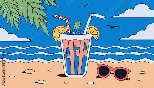 Tropical Summer Beach Vacation Background with Palm Leaves, Sunglasses, and Coconut Drink