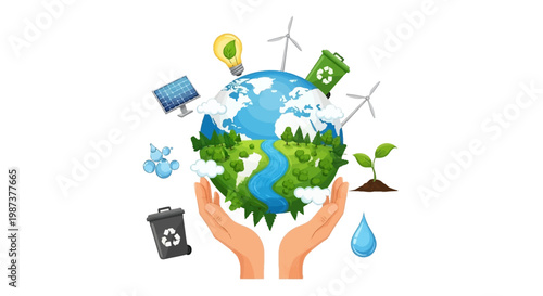 Illustrated Earth Day 2026 eco banner displays sustainability, with cartoon hands cradling the globe, surrounded by renewable energy icons like solar panels and windmills, all