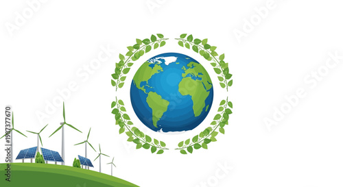 An Earth Day eco banner promoting earth day 2026 and sustainability, depicting a globe encircled by green leaves with wind turbines and solar panels on a grassy hill against a clean white
