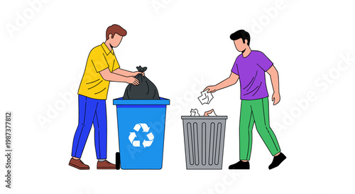 Two men disposing of trash and recyclables in separate bins isolated on white background