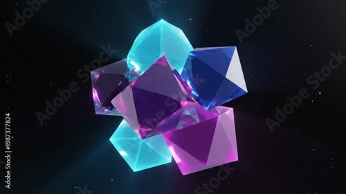 Abstract Geometric Cluster of Transparent Colorful Crystals Against a Dark Night Sky Background with Starlight