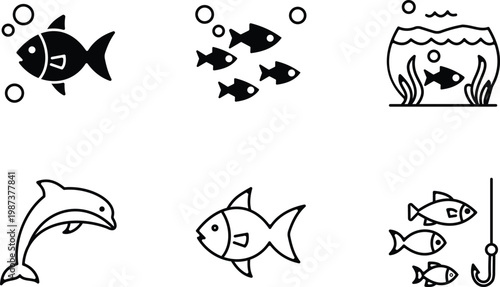Black and white fish icons set diverse aquatic life and fishing illustrations