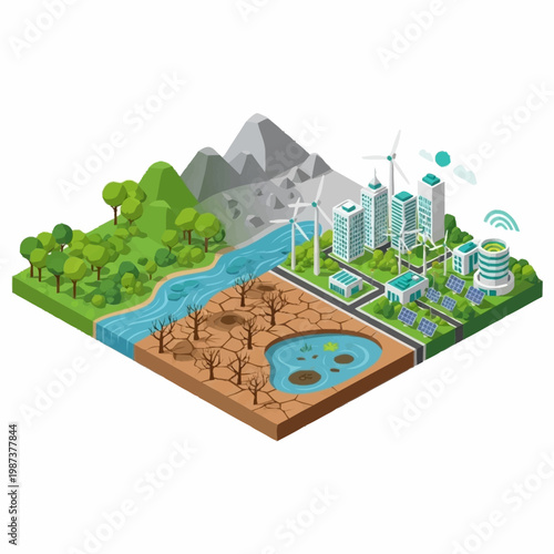 Sustainable city development contrasting with environmental degradation.