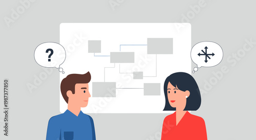 Two people discussing a flowchart diagram.