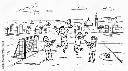 Soccer Team Celebrating Victory at Beachfront Stadium