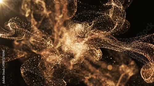 Abstract golden particles with flowing energy, dynamic liquid shapes, elegant glowing light, dark background