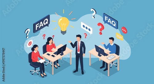 Illustration of office workers discussing frequently asked questions with a lightbulb