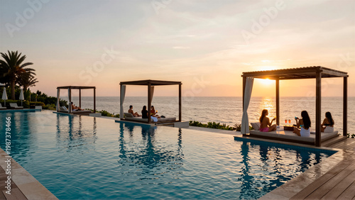 Luxury infinity pool at a tropical resort during golden hour sunset. People relax in a private cabana overlooking the ocean horizon. Ideal for travel and high-end lifestyle themes
