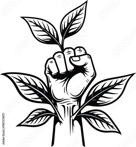 Raised fist holding plant growth symbol of environmental activism and resilience