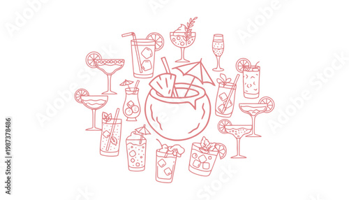 Cocktail vector illustration of various drinks and a large coconut