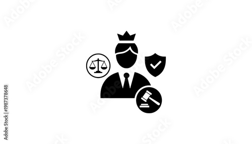 A justice icon illustration with a crown and scales of justice