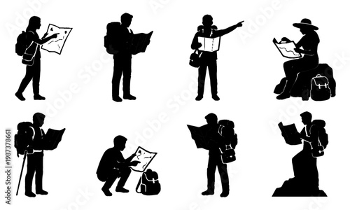 Collection of traveler silhouettes reading maps, hiking and exploring routes with backpacks, navigation poses isolated on white background for travel and adventure concepts