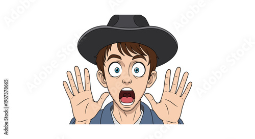 Cartoon boy wearing a black hat and looking shocked isolated on white background