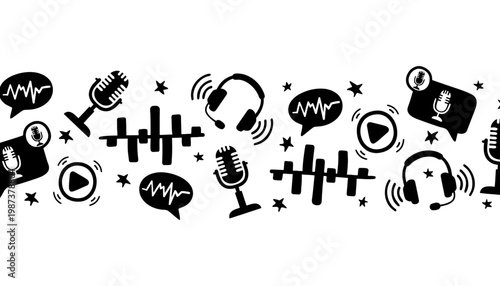 Microphone vector icons and sound wave symbols in black silhouette style