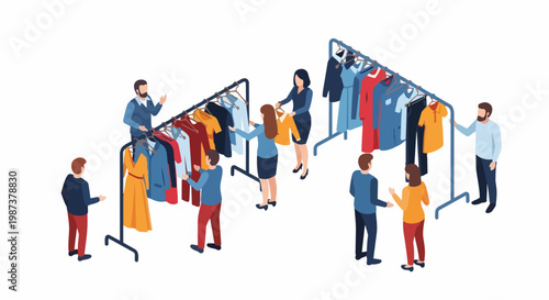 Isometric Illustration of People Shopping in a Clothing Store with Racks and Garments