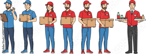 Cartoon Delivery Workers in Different Poses, with Packages, Food, and Drinks for Service and Retail Design