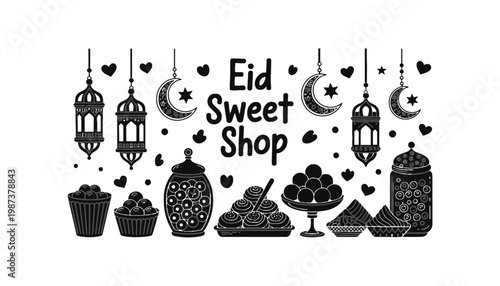 Eid sweet shop vector illustration with desserts and lanterns