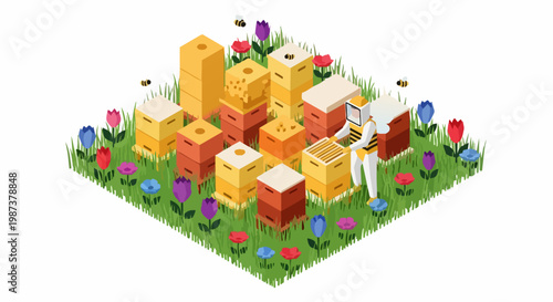 Isometric Apiary Beekeeping Vector Illustration with Beekeeper in Protective Suit, Honeycomb Hives, and Spring Flowers on Grass