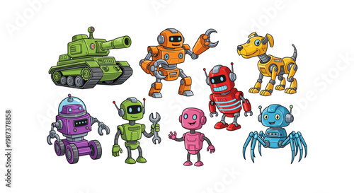 Colorful cartoon robots and a dog on white background