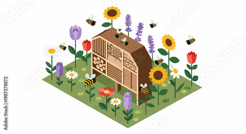 Isometric Vector Illustration of a Wooden Bee Hotel in a Blooming Garden, Sustainable Insect House with Bees and Flowers for Biodiversity Conservation