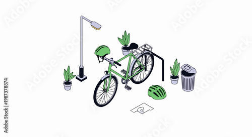 Isometric Green Bicycle in Urban City Environment with Street Lamp, Helmet, and Trash Can - Sustainable Urban Mobility Vector Illustration