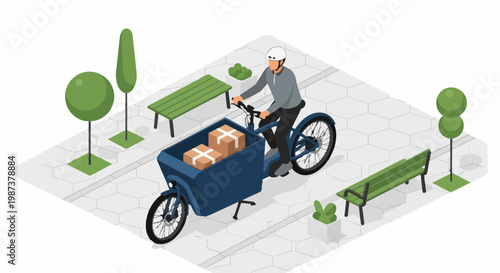 Isometric Illustration of an Eco-Friendly Courier Delivering Packages on a Blue Electric Cargo Bike in an Urban Park - Sustainable Last Mile Delivery Concept