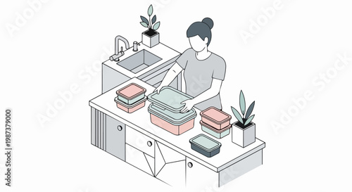 Woman Organizing Meal Prep in Food Storage Containers on Kitchen Counter Isometric Illustration