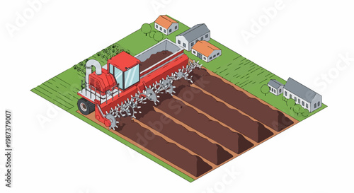 Isometric Illustration of an Industrial Compost Turner Machine Processing Organic Waste Windrows on a Farm