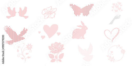 Hand drawn cross-stitch embroidery element asset pack. butterfly,flower, heart and animals.Isolated vector shape.