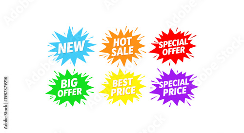 Colorful sale stickers with promotional phrases on white background