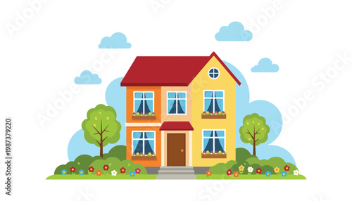 A colorful house illustration with a red roof and green yard
