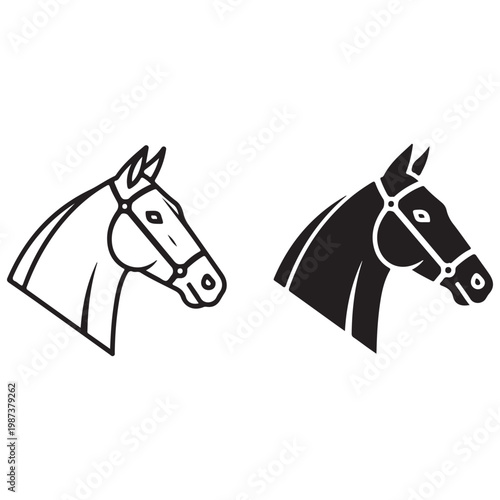 Vector icon set of a horse head with a bridle, featuring outline and solid silhouette styles for a logo or emblem