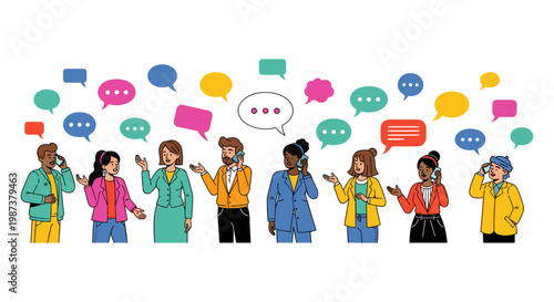 A diverse group of people communicating with colorful speech bubbles isolated on white background