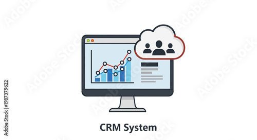 CRM System illustration: Customer Relationship Management with data analysis, charts, cloud computing, and business collaboration.