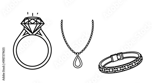 Luxury Jewelry Icon Set: Diamond Ring, Elegant Necklace, and Chain Bracelet. Fashion Accessories for Gifts and Special Occasions.
