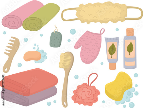 Illustration with hygiene and bath accessories. Set of towels, soap bars, sponges, comb, brush, pumice stone and shampoo bottle