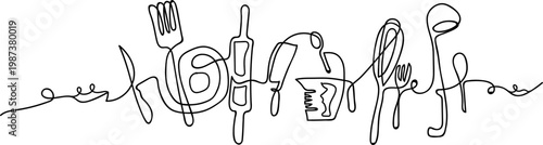 Continuous one line illustration featuring a ladle and essential kitchen utensils. The clean, flowing line style creates a modern and elegant look, perfect for culinary designs, menus, and kitchen.