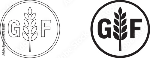 Gluten free and non-gluten dietary label icons in black silhouette and outline vector style.