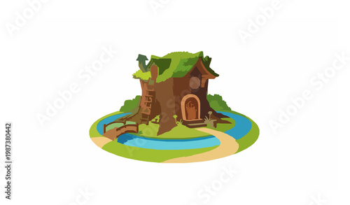 Magical forest stump house vector with river path and wooden bridge fairy tale illustration isolated on white
