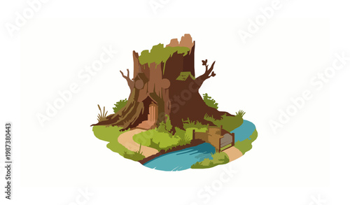 Fairy tale stump house vector with green roof wooden ladder and bridge magical forest illustration isolated on white