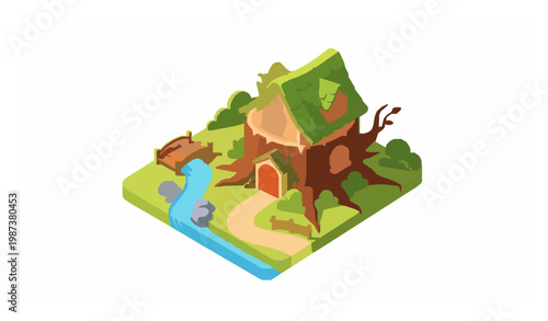 Cute fairy tale stump house vector with green roof river and bridge whimsical forest illustration isolated on white