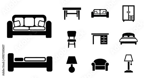 Modern black silhouette icons collection of home and office furniture, including sofa, bed, table, chair, and lamp. Vector elements.