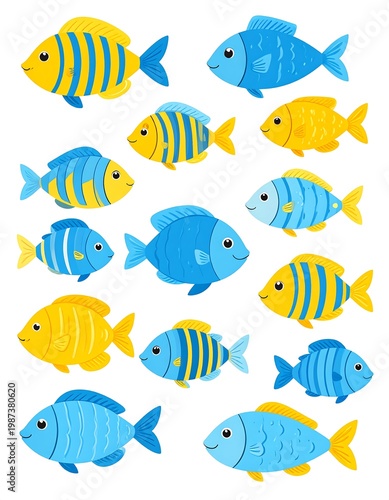 A collection of colorful cartoon fish illustrations with various blue, yellow, and gold patterns against a blank white background
