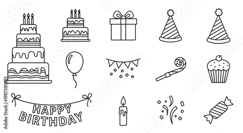 Happy Birthday party line icons vector set. Celebration elements including cake, candles, gifts, hats, balloons, banners, confetti, and cupcake.