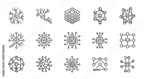 Neural Network, AI, Machine Learning, and Deep Learning Line Icons. Artificial Intelligence, Brain Simulation Technology, Data Processing Vector Set.