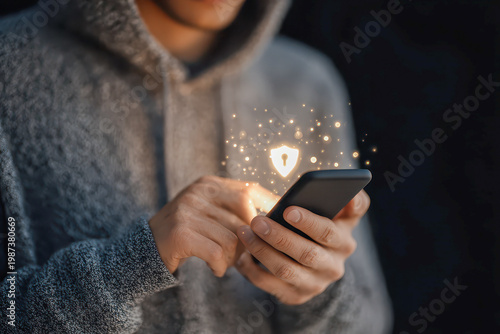 Mobile cybersecurity concept with glowing shield and keyhole on smartphone. Data protection, privacy, and internet security technology.