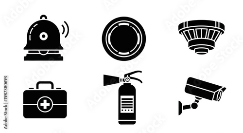 Essential Safety and Security System Icons: Fire Alarm Bell, Smoke Detector, Fire Sprinkler, First Aid Kit, Extinguisher, CCTV Camera