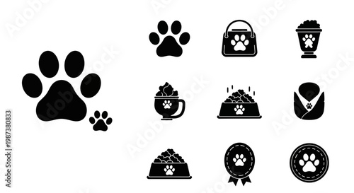 Black silhouette pet icons set with animal paw prints, food bowls, carriers, and treats. Vector collection for pet care and veterinary designs.