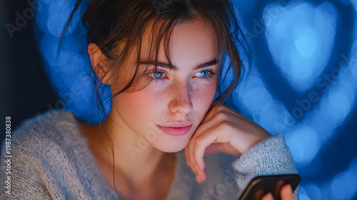 Young woman with blue eyes and freckles using smartphone with blue bokeh lights background, modern portrait photography